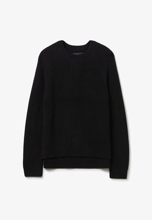 Schwarzer gestrickter Pullover mit geripptem Muster, Rundhalsausschnitt und Raglanärmel-Design. Dicker gerippter Saum an der Taille und den Bündchen.