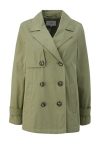 Olive green double-breasted jacket with a peak lapel, large brown buttons, and side pockets; made of smooth, lightweight fabric.