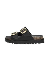Sandalias negras con dos correas anchas, que presentan hebillas doradas. La suela es texturizada y ligeramente elevada con un detalle de corcho en los laterales.