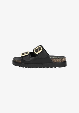 Black sandals with two wide straps, featuring gold buckles. The sole is textured and slightly elevated with a cork detail on the sides.