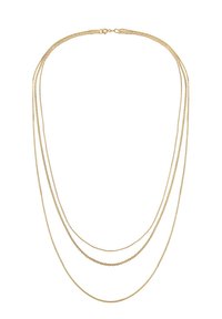 Gold multi-layered necklace with varying chain styles: one smooth, one beaded, and one flat. Features a secure clasp closure.