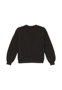 Sweat-shirt noir à manches longues, col rond, avec des poignets et un ourlet côtelés. Tissu doux avec une texture lisse, vue de dos présentée.