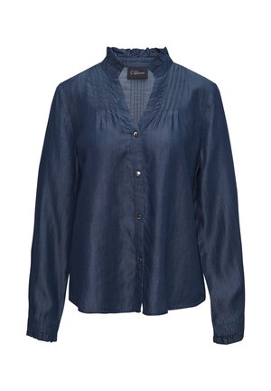 Blusa in denim blu scuro con collo plissettato e arricciato, maniche lunghe e chiusura frontale con bottoni, caratterizzata da una delicata texture e polsini aderenti.