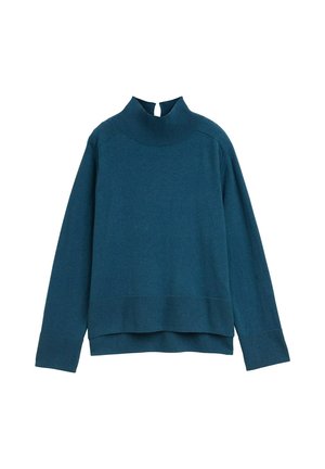 Teal pullover sweater with a high neck, ribbed detailing at the collar and hem, and a keyhole opening at the back. Long sleeves.