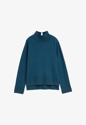 Teal pullover trui met een hoge neklijn, geribbelde details bij de kraag en zoom, en een sleutelgatopening aan de achterkant. Lange mouwen.