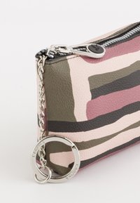 Tasche im Tarnmuster aus strukturiertem Synthetikmaterial, mit rosa, grünen und schwarzen Streifen, silberner Reißverschluss- und Kettendetail.