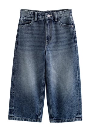 Mittellange blaue Denim-Shorts mit klassischem Fünf-Taschen-Design, Knopfverschluss und verblassten Waschdetails.