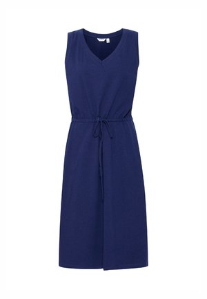 Tumedat sinise värvi randmeteta kleit V-kaelusega, nööriga põlvini ja kitsendatud talje; valmistatud pehmest, siledast kangast.