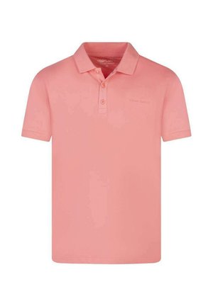 Polo à manches courtes couleur corail uni avec patte de boutonnage à trois boutons et col, présenté sur un fond blanc uni.