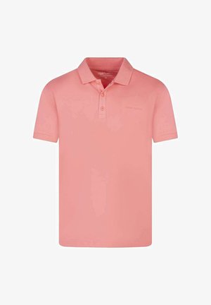 Polo à manches courtes couleur corail uni avec patte de boutonnage à trois boutons et col, présenté sur un fond blanc uni.