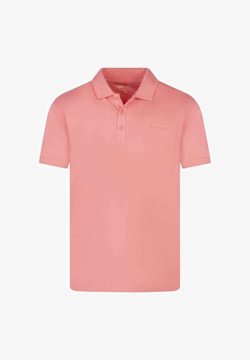 Polo à manches courtes couleur corail uni avec patte de boutonnage à trois boutons et col, présenté sur un fond blanc uni.