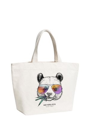 White tote bag with a panda face wearing colorful sunglasses and chewing bamboo, with the text "NEVERLESS Panda Origin" below.