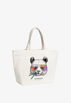 White tote bag with a panda face wearing colorful sunglasses and chewing bamboo, with the text "NEVERLESS Panda Origin" below.