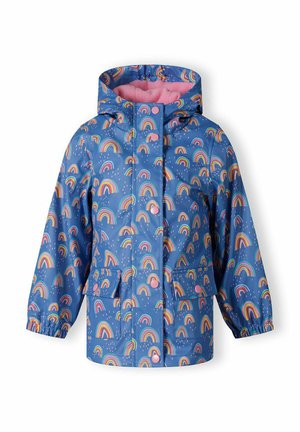 Veste imperméable bleue avec un motif arc-en-ciel, doublée en polaire rose et dotée de boutons-pression. Comprend deux poches avant et des poignets élastiques.