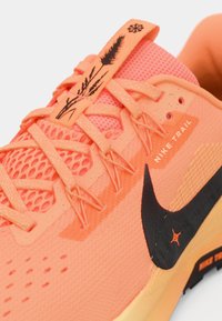 Nike trailrunningschoenen in feloranje met zwarte accenten. Bovenwerk van mesh met gestructureerde patronen, versterkte veters en gelabelde tags.