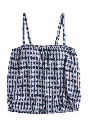 Top fără mâneci, albastru închis, cu model geometric alb de zale și bretele subțiri, croială lejeră cu ușoare adunături la tiv.