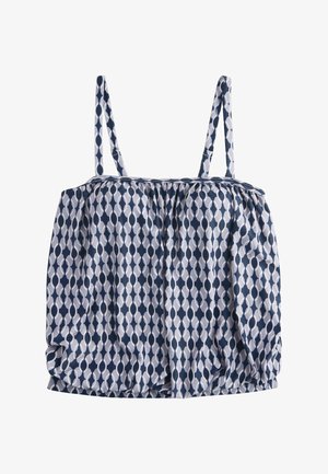 Top bez rukava tamnoplave boje s bijelim geometrijskim uzorkom lančanih karika i tankim naramenicama, širokih kroja s blagim naborima na rubu.