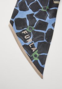Silk scarf featuring a blue and black abstract pattern with green accents, trimmed in beige, displaying the brand name "FURLA."