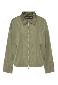 Olivgrüne Jacke aus glattem Nylon mit Reißverschluss, zwei seitlichen Taschen mit Knöpfen und einem klassischen Kragen in lässiger Passform.