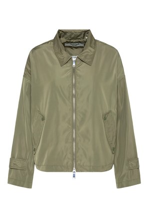Olive green jacket made of smooth nylon, featuring a zip front, two side pockets with buttons, and a classic collar with a relaxed fit.