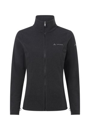 Zwarte fleecejas met volledige ritssluiting, hoge kraag, lange mouwen en kleine Vaude-logo's op de borst en linkermouw.