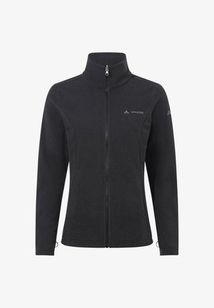 Zwarte fleecejas met volledige ritssluiting, hoge kraag, lange mouwen en kleine Vaude-logo's op de borst en linkermouw.