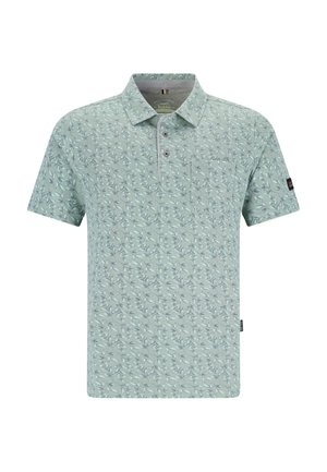 Hellgrünes Poloshirt mit einem Blattmuster, kurzen Ärmeln, Kragen und einer Knopfleiste mit drei Knöpfen. Verfügt über eine kleine Brusttasche.