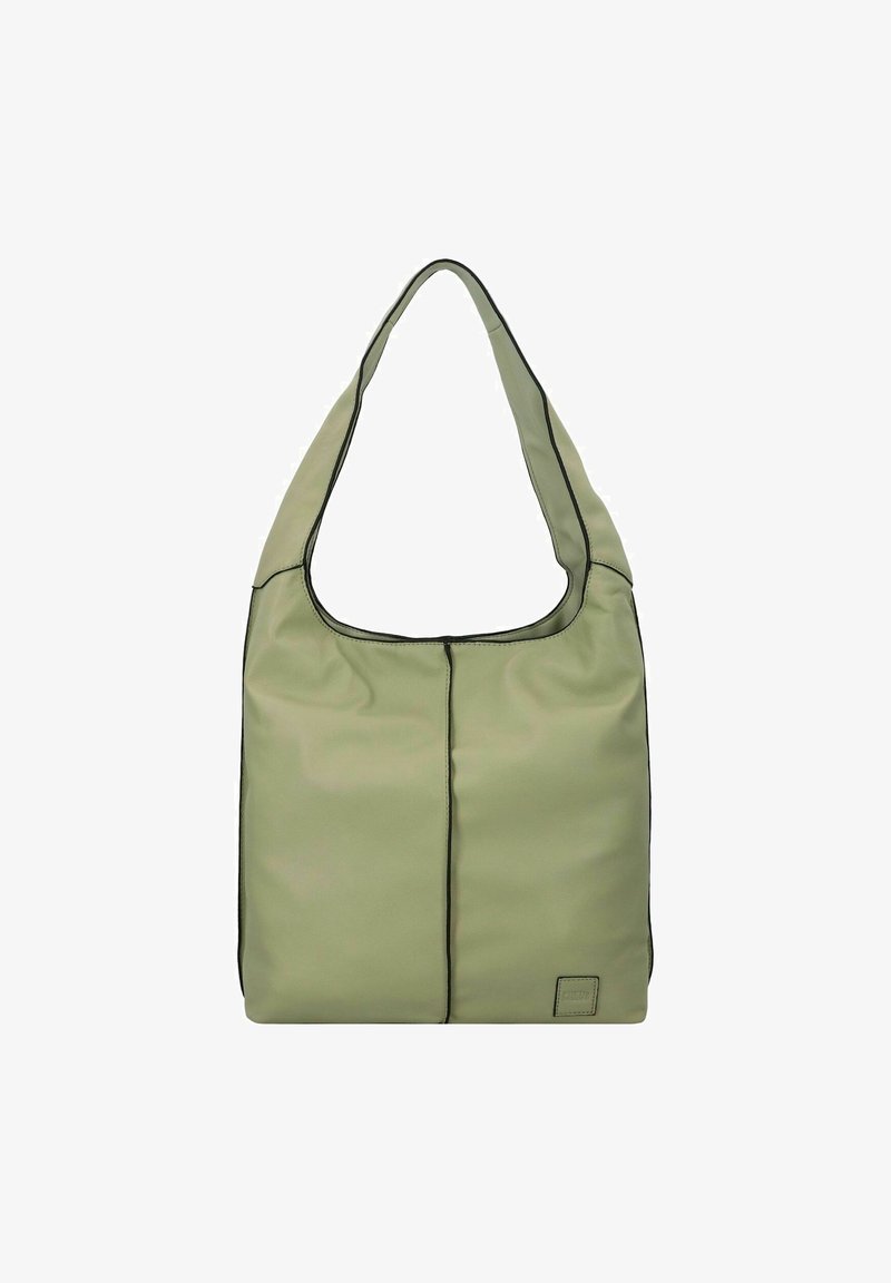 Bolso hobo de material suave y verde claro con ribete negro, equipado con una correa ancha y una forma sencilla y lisa. Detalle de acento con logo texturizado.