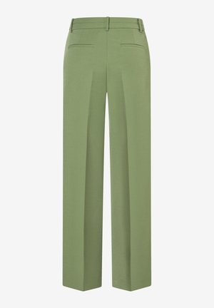 Olive green tailored trousers with belt loops, two back welt pockets, and front crease detailing shown from the back.