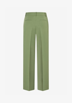 Olive green tailored trousers with belt loops, two back welt pockets, and front crease detailing shown from the back.