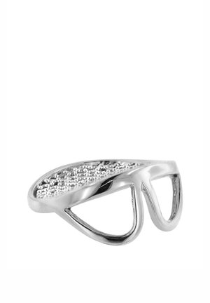 Silver ring with two open triangular shapes and a textured, rounded top surface, shown on a white background.