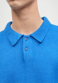 Polo shirt blu lavorato a maglia con colletto, caratterizzato da un tessuto testurizzato e due bottoni blu all'apertura del collo. Vista ravvicinata dalle spalle in su.