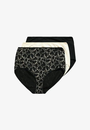 Trzy pary damskich majtek: czarne w serduszka, kremowe i gładkie czarne. Wszystkie mają miękką tkaninę i średni poziom zakrycia.