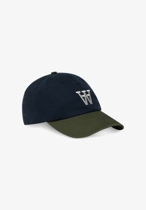 Adjustable cap featuring a navy crown and an olive-green brim, with an embroidered white letter "W" on the front. Cotton material.