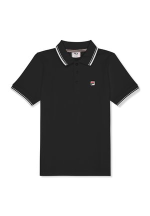 Polo noir en coton avec patte de boutonnage à trois boutons, col et accents de manches blancs contrastants, arborant un petit logo FILA sur la poitrine.