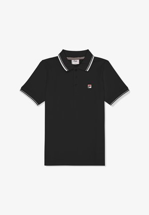 Czarna koszulka polo wykonana z bawełny, z trzema guzikami, kontrastowymi białymi akcentami przy kołnierzyku i rękawach, z małym logo FILA na piersi.