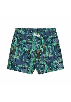 Shorts de bain pour hommes bleu-vert avec motif de feuilles tropicales et paysage urbain, taille élastique, cordon blanc, et petit logo sur la jambe gauche.