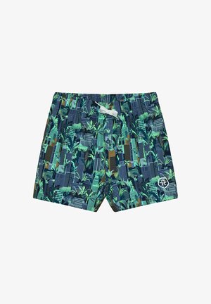 Herrenshorts in Blau-Grün mit tropischem Blatt- und Stadtmuster, elastischem Bund, weißem Kordelzug und kleinem Logo am linken Bein.