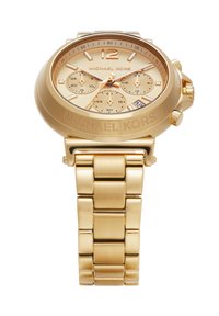 Orologio da polso Michael Kors dorato con cassa rotonda, quadrante texturizzato, subquadranti cronografici e bracciale in metallo a maglie.