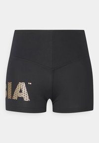 Svart idrettsshorts med en tettsittende design, med gulltrykt tekst foran. Glatt tekstur, middels høyde på midjebåndet, og ingen synlige sømmer.