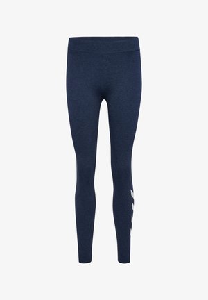 Marineblaue Leggings mit glattem Textur, hoher Taillenschnitt und einem weißen Logo-Druck auf dem linken Bein. Dehnbares Material für zusätzlichen Komfort.