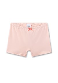 Hellrosa Shorts aus weicher Baumwolle. Sie verfügen über einen elastischen Bund und eine kleine orangefarbene Schleife vorne. Standardpassform.