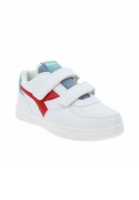 Witte sneakers met rode en blauwe accenten, gemaakt van synthetisch materiaal. Voorzien van twee Klittenbandsluitingen en een geperforeerde tenen detail. Platte zool.