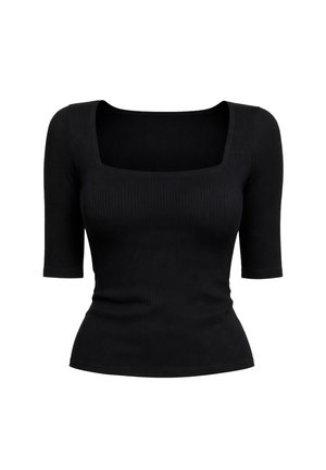 Czarny prążkowany top z krótkim rękawem, kwadratowym dekoltem i dopasowaną talią, zaprojektowany dla kobiet na co dzień lub do biura.