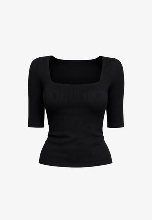 Czarny prążkowany top z krótkim rękawem, kwadratowym dekoltem i dopasowaną talią, zaprojektowany dla kobiet na co dzień lub do biura.