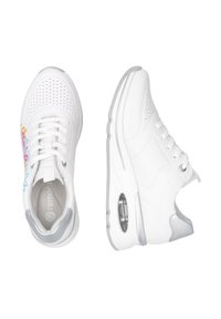 White athletic shoes with perforated design, featuring colorful floral accents, a cushioned sole, and a clear air cushioning compartment.