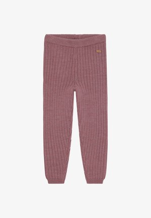 Leggings a coste in maglia di un colore mauve tenue, con vita elasticizzata e un piccolo etichetta di tessuto sul davanti.