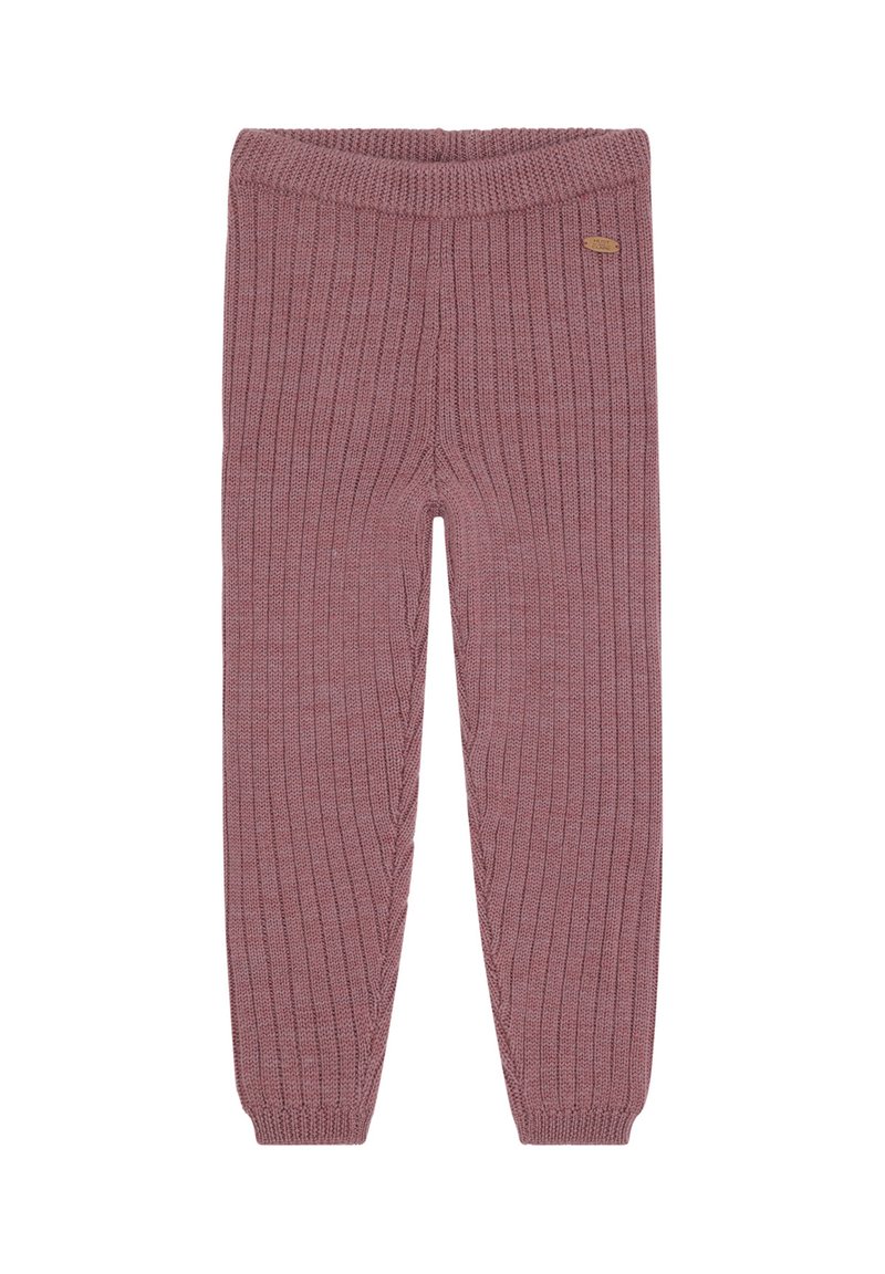Gestrickte Ripp leggings in einem gedämpften Mauve-Ton, mit einem elastischen Bund und einem kleinen Stoffetikett an der Vorderseite.