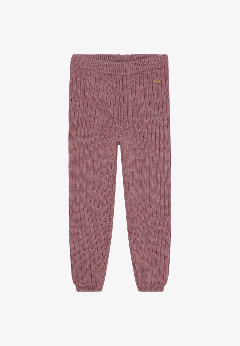 Gestrickte Ripp leggings in einem gedämpften Mauve-Ton, mit einem elastischen Bund und einem kleinen Stoffetikett an der Vorderseite.