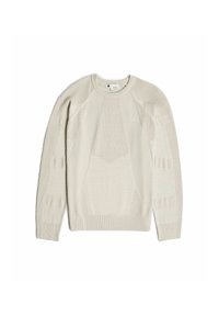 Hellbeige gestrickter Pullover mit Rundhalsausschnitt, der strukturierte geometrische Muster sowie gerippte Bündchen und Saum aufweist. Hergestellt aus einem weichen Stoff.